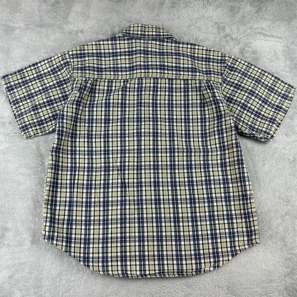 Vintage Old Navy Button Up Shirt Boys Sz 6/7 Blue Tan Plaid Short Sleeve Skater